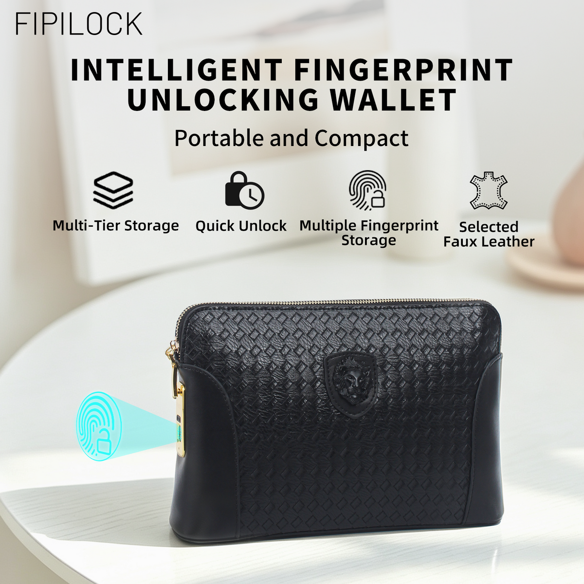 Men Genuine Top‑Grain Leather Smart Fingerprint Lock Hand Pouch