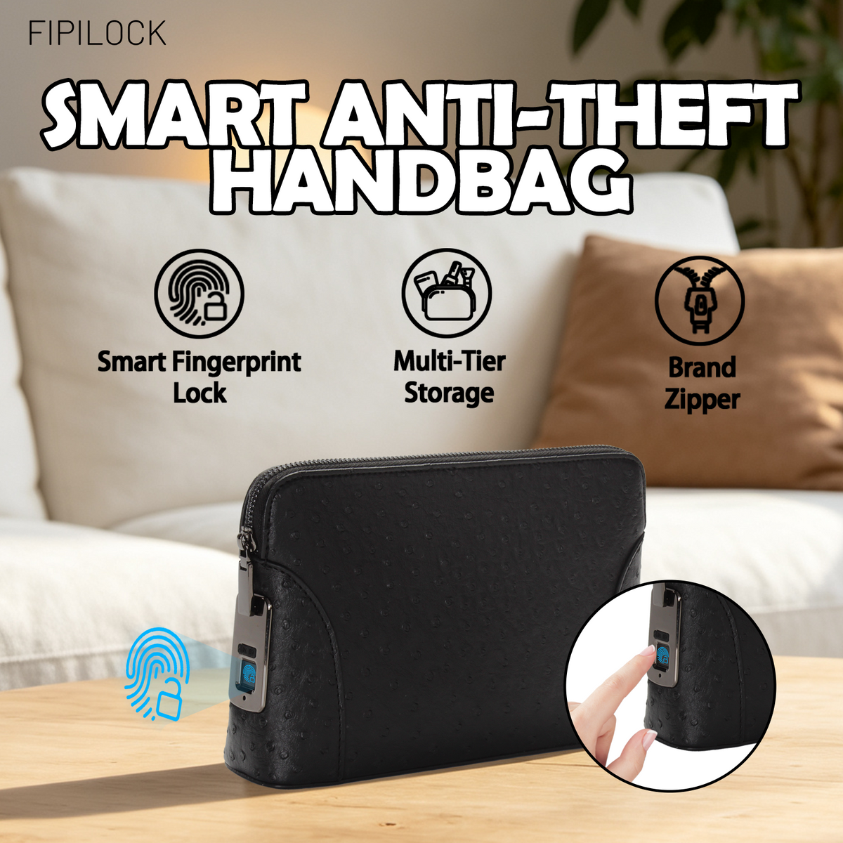 Ostrich-patterned fingerprint unlock clutch