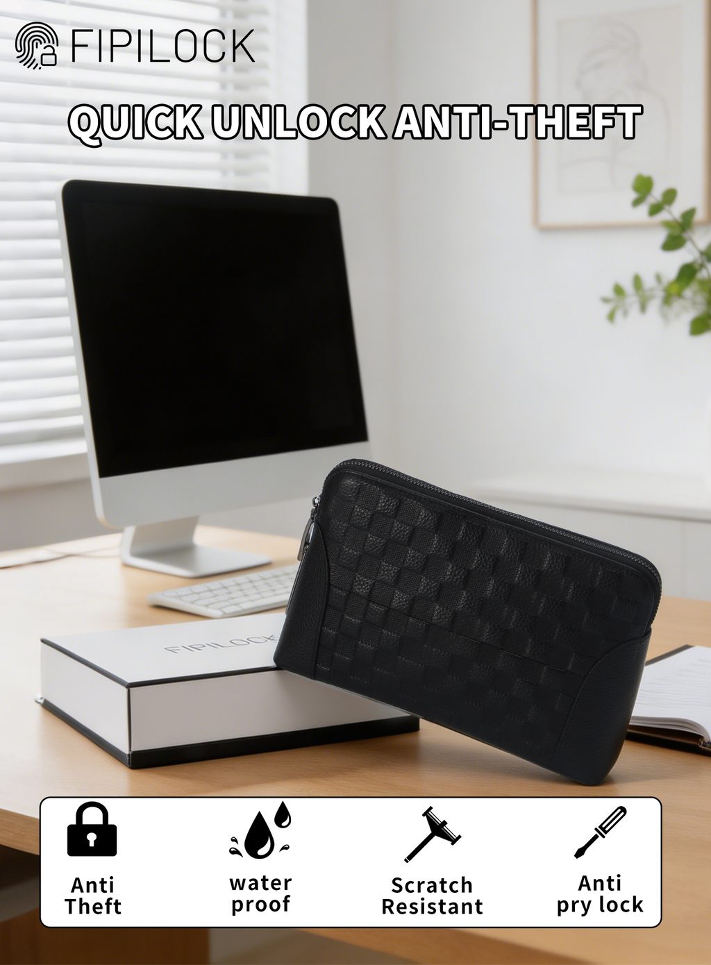 Genuine Leather Fingerprint Unlock Checkered Clutch