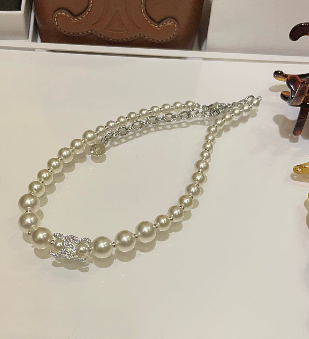 Silver Diamond Arc de Triomphe Pearl Necklace