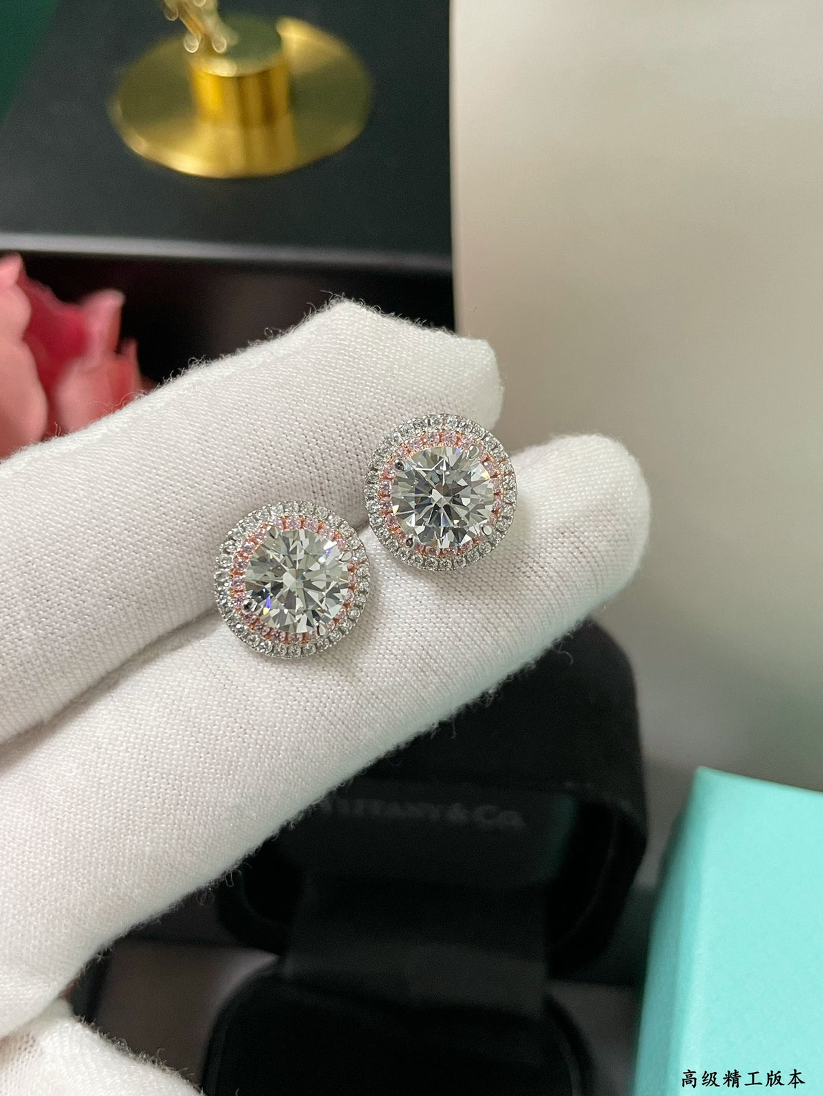 Large pink round diamond earrings