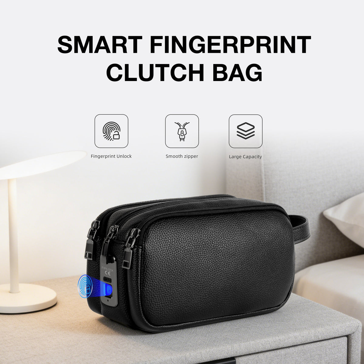 Men's Triple-Zipper Handbag with Fingerprint Lock