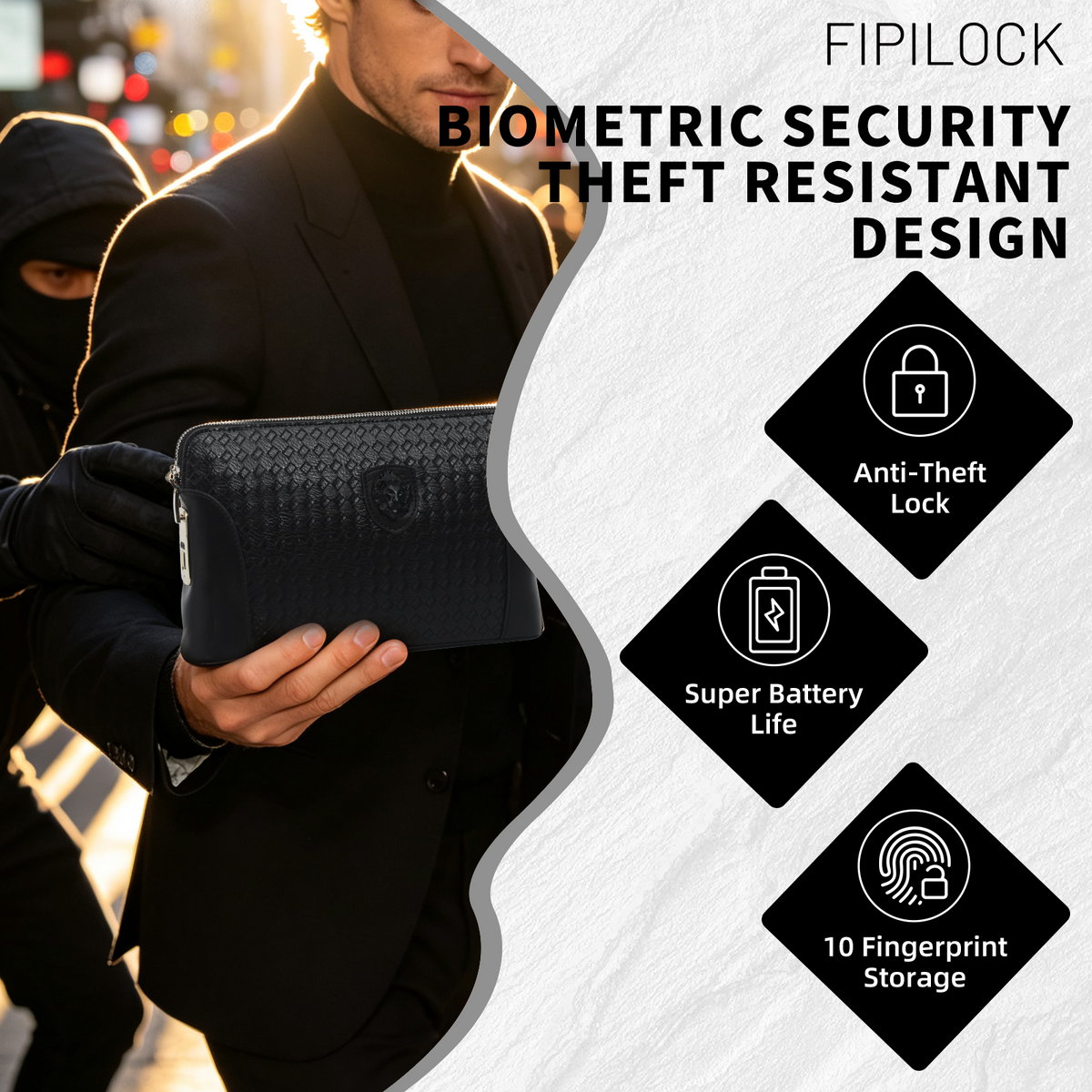 Men Genuine Top‑Grain Leather Smart Fingerprint Lock Hand Pouch