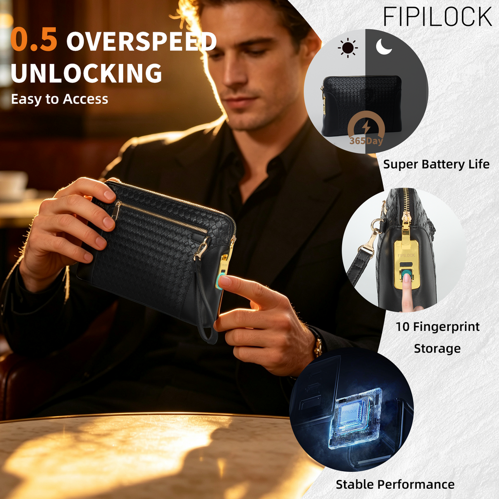 Men Genuine Top‑Grain Leather Smart Fingerprint Lock Hand Pouch