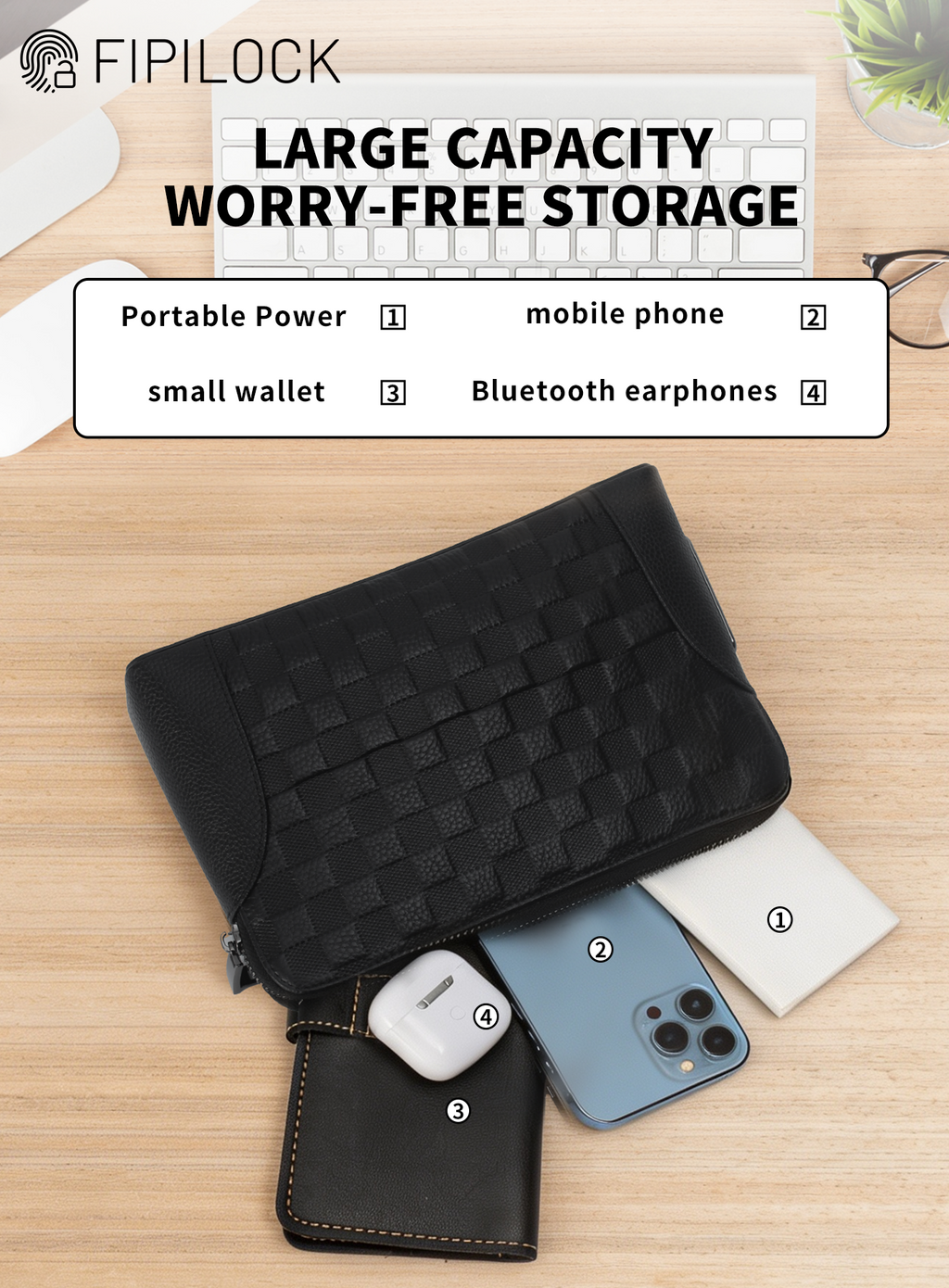 Genuine Leather Fingerprint Unlock Checkered Clutch