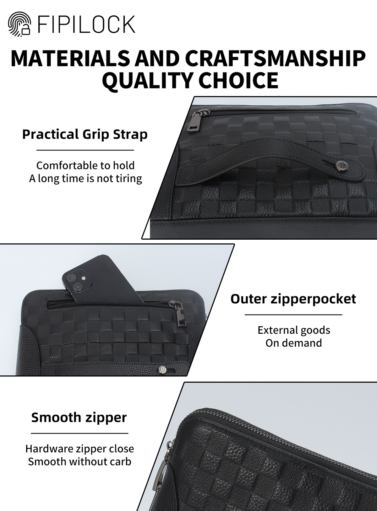 Genuine Leather Fingerprint Unlock Checkered Clutch