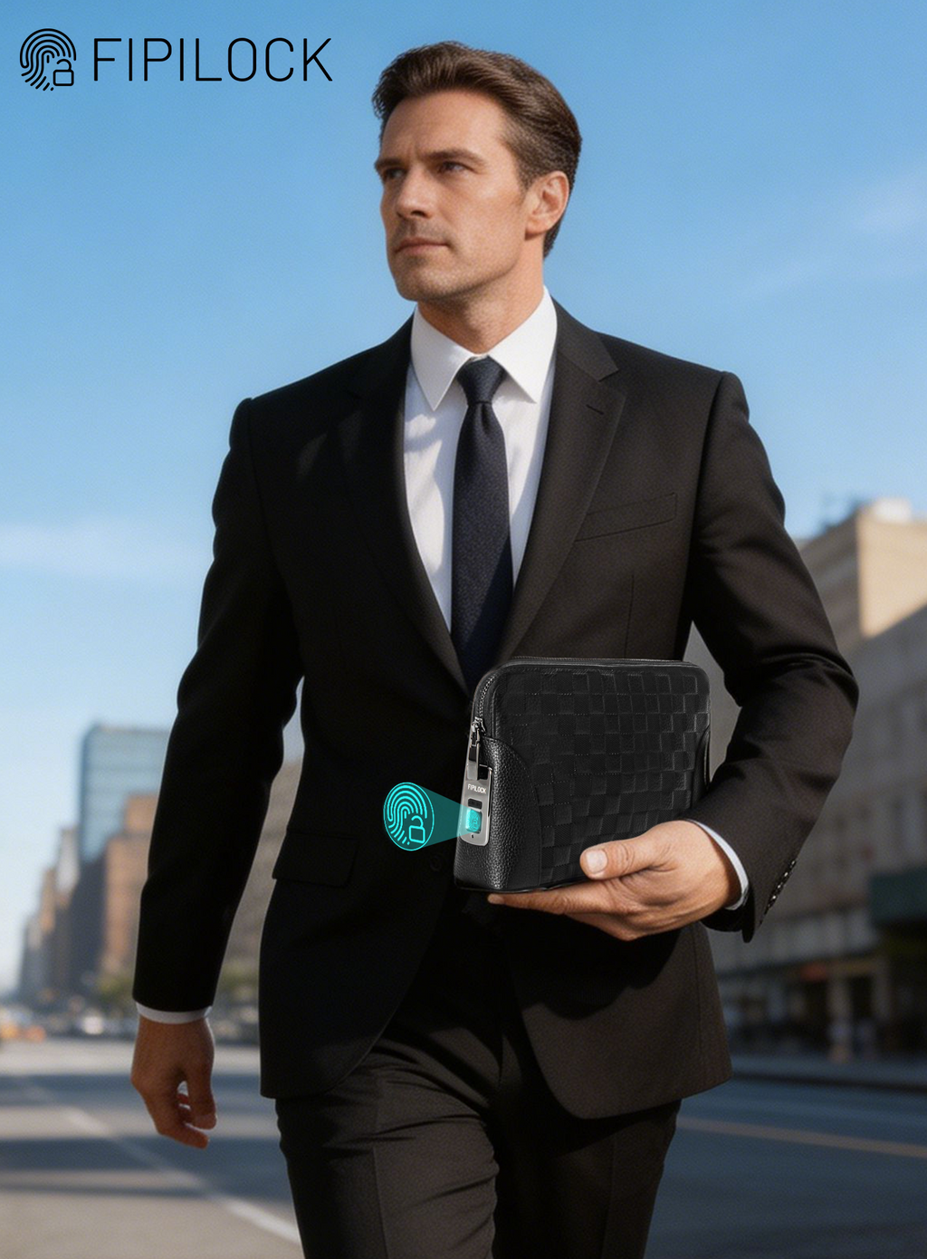 Genuine Leather Fingerprint Unlock Checkered Clutch