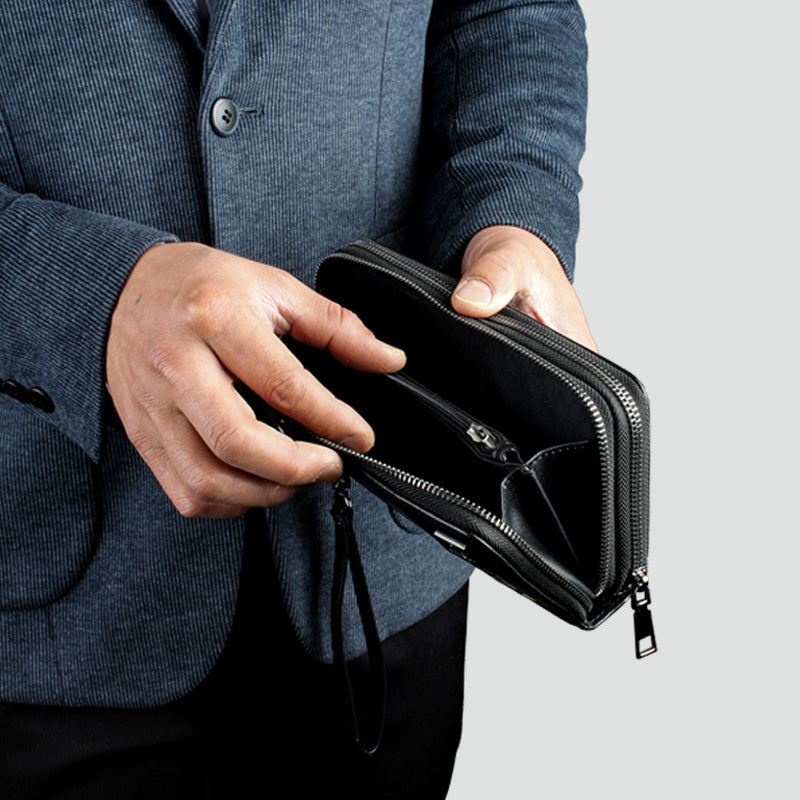 Luxury Men Fingerprint Unlock Clutch, Top‑Grain Cowhide Hand Purse