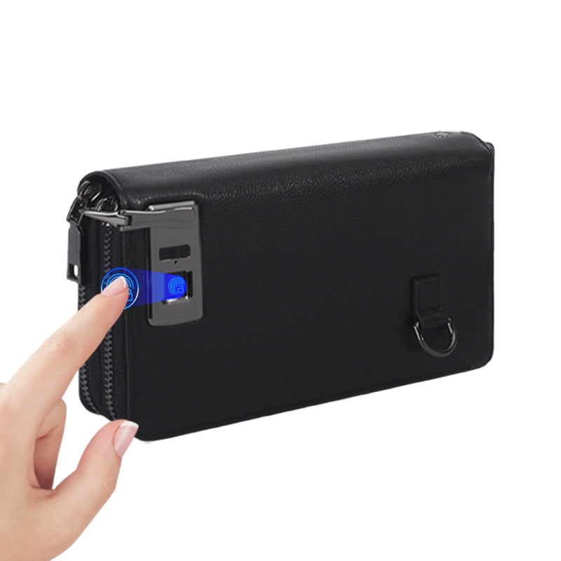 Luxury Men Fingerprint Unlock Clutch, Top‑Grain Cowhide Hand Purse