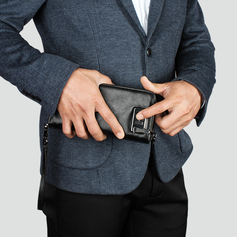 Luxury Men Fingerprint Unlock Clutch, Top‑Grain Cowhide Hand Purse