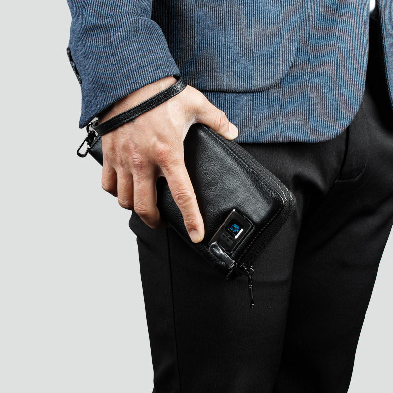 Luxury Men Fingerprint Unlock Clutch, Top‑Grain Cowhide Hand Purse