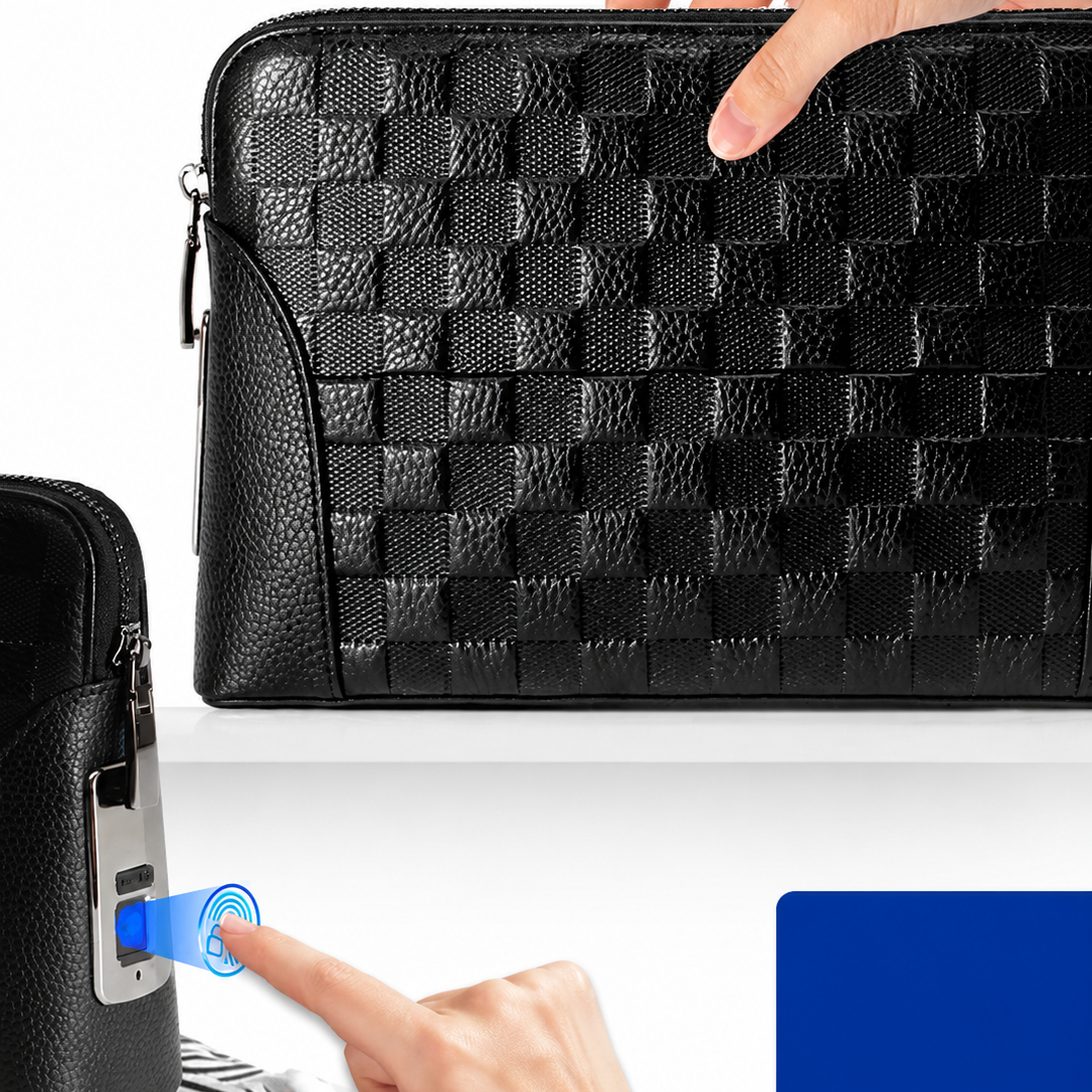 Genuine Leather Fingerprint Unlock Checkered Clutch