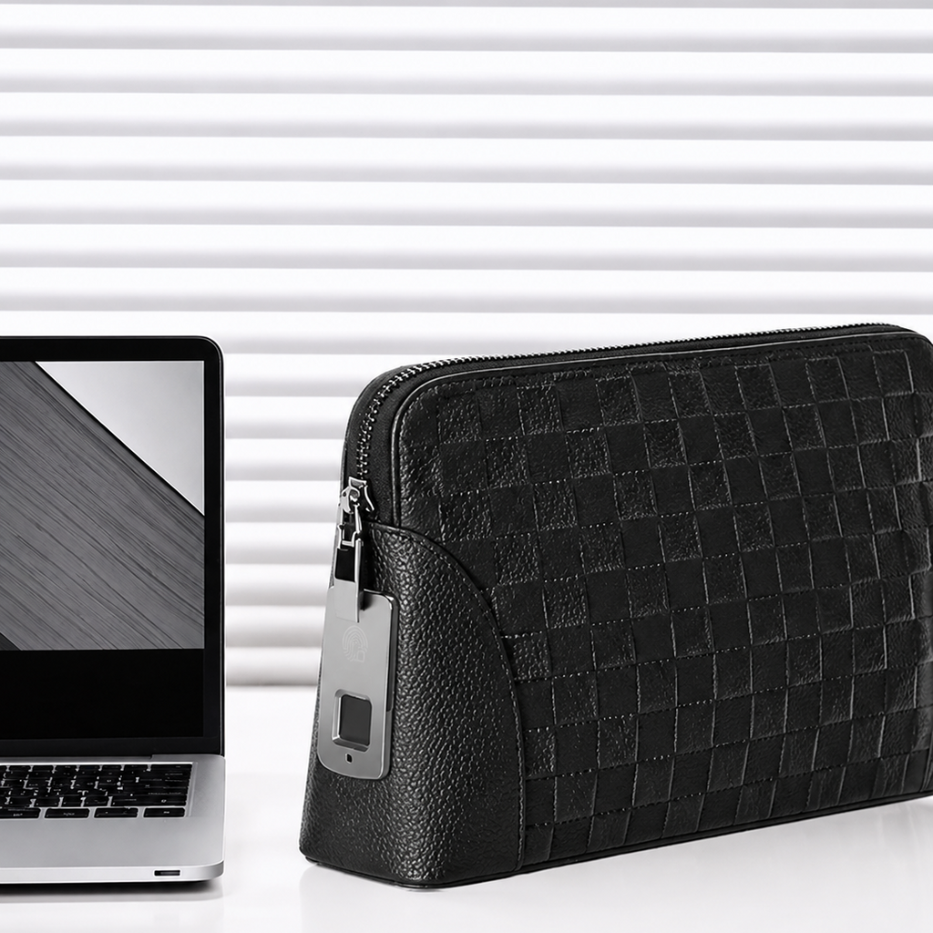 Genuine Leather Fingerprint Unlock Checkered Clutch