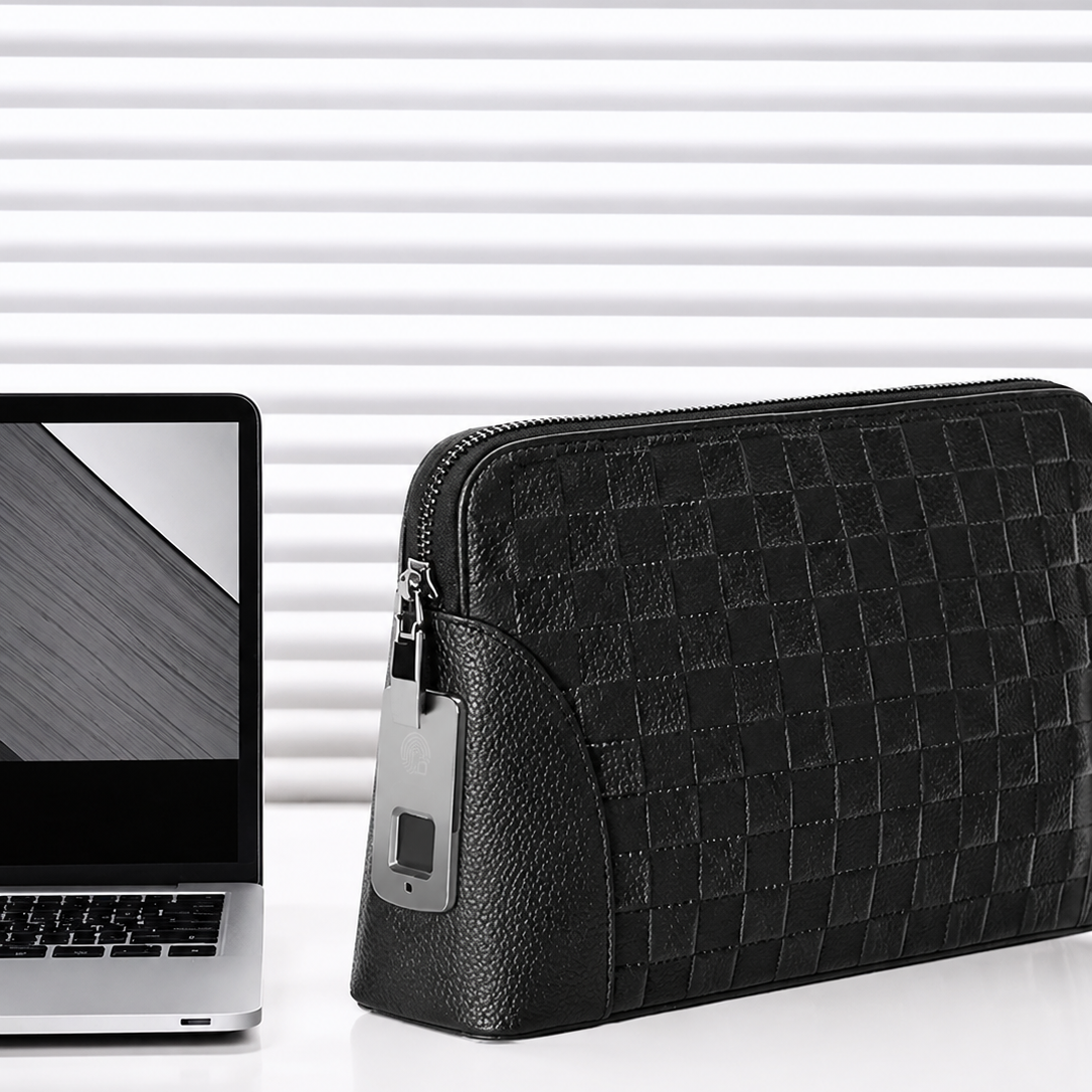 Genuine Leather Fingerprint Unlock Checkered Clutch