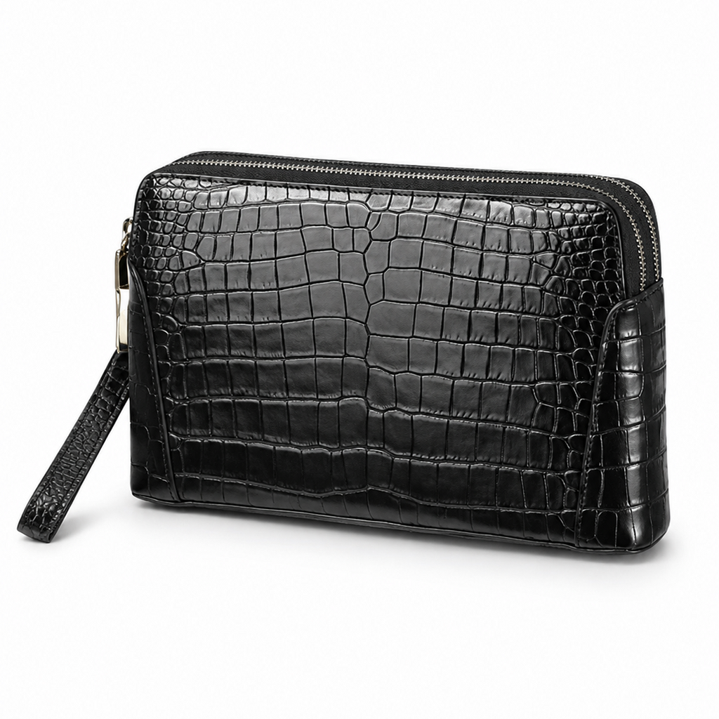 Genuine Leather Double-Zip Clutch