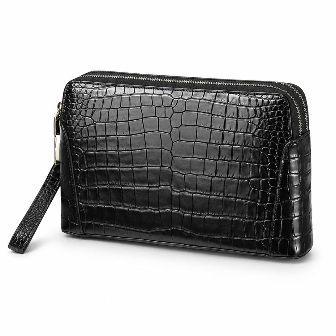 Genuine Leather Double-Zip Clutch