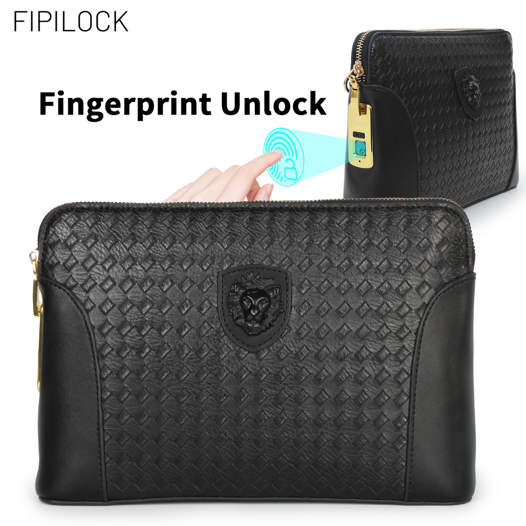 Men Genuine Top‑Grain Leather Smart Fingerprint Lock Hand Pouch